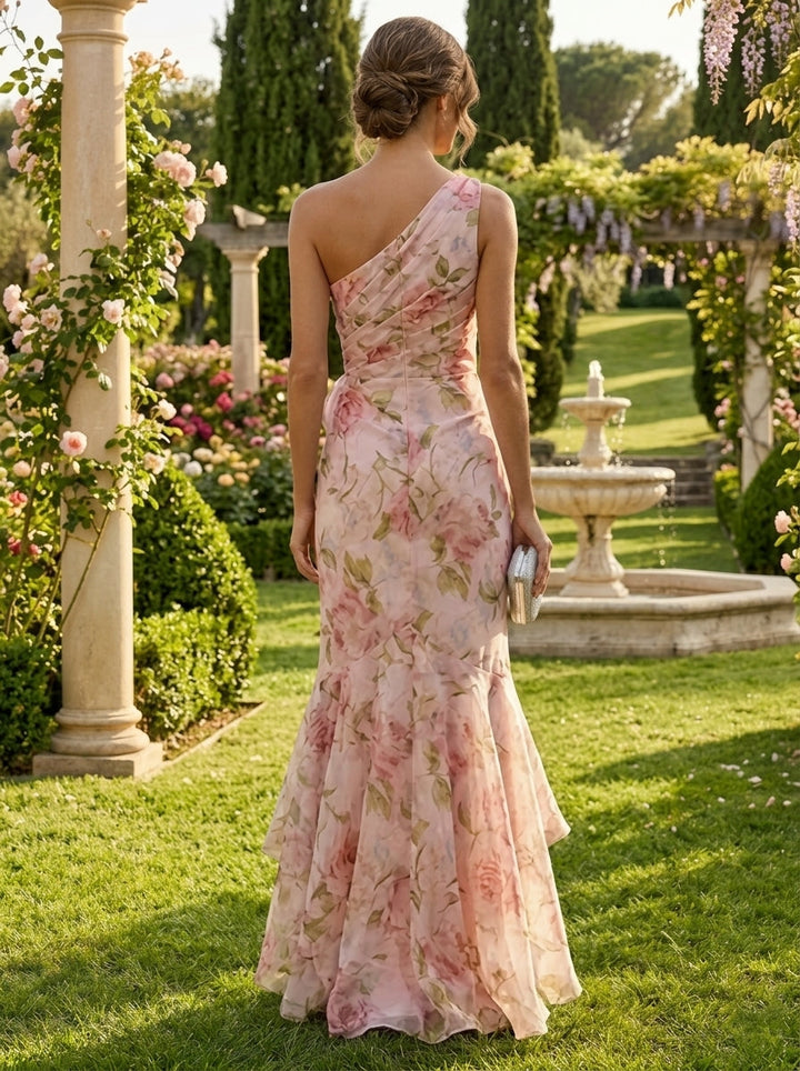 Trumpet/Mermaid One-Shoulder Chiffon Evening Dresses with 3D Flower Sleeveless Ruffles Floral Asymmetrical Floor-Length Party Dresses