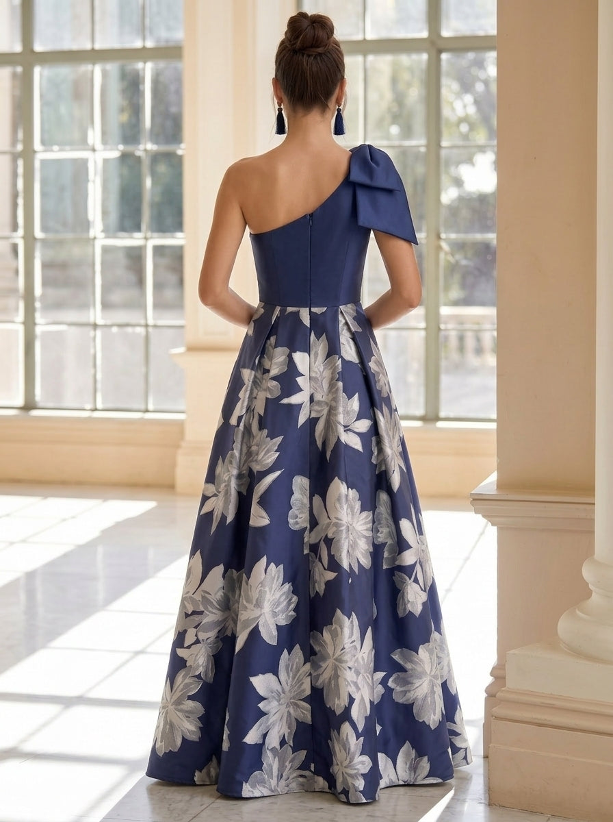 A-Line/Princess One-shoulder Printed Satin Evening Dresses with Split Side Sleeveless Floor-Length Floral Bowknot Party Dresses