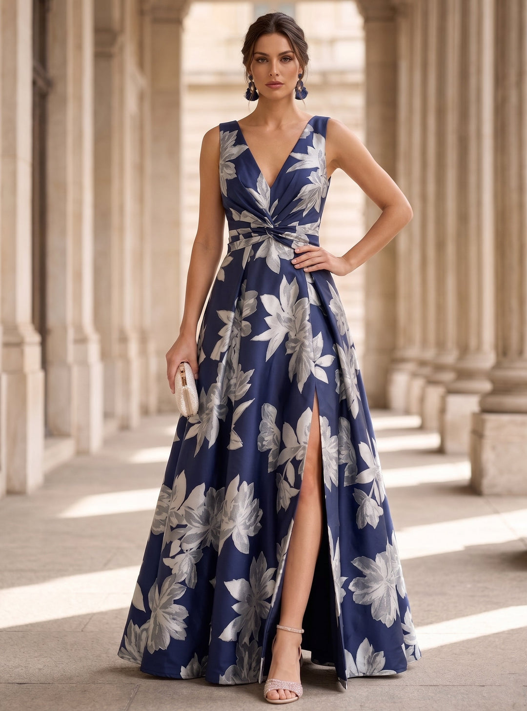 A-Line/Princess V-Neck Printed Satin Evening Dresses with Split Side Sleeveless Floor-Length Floral Party Dresses