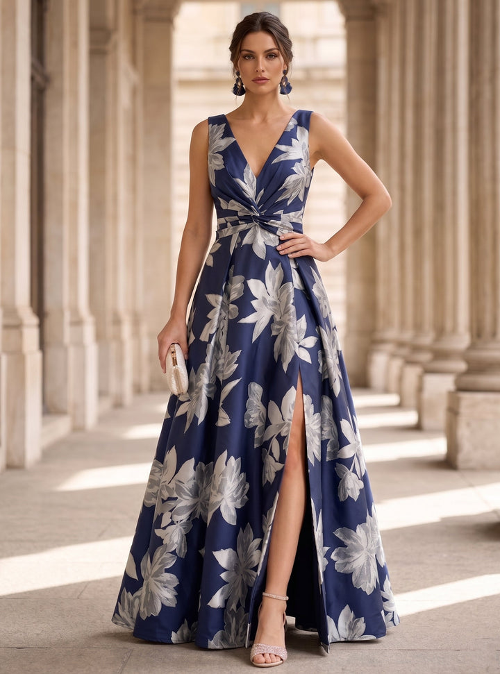 A-Line/Princess V-Neck Printed Satin Evening Dresses with Split Side Sleeveless Floor-Length Floral Party Dresses