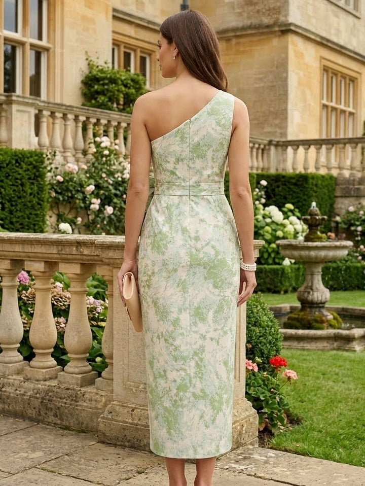 Sheath/Column One-Shoulder Jacquard Cocktail Dresses with Bowknot Tea-Length Floral Sleeveless Formal Dresses