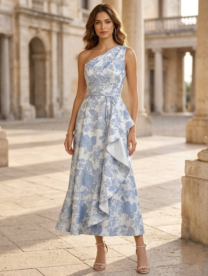 A-Line/Princess One-Shoulder Jacquard Cocktail Dresses Tea-Length Floral Ruffles Sleeveless Formal Dresses
