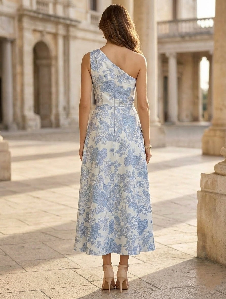A-Line/Princess One-Shoulder Jacquard Cocktail Dresses Tea-Length Floral Ruffles Sleeveless Formal Dresses