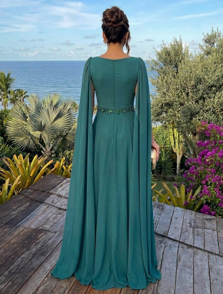A-Line/Princess V-Neck Chiffon Evening Dresses with Split Side Floor-Length Cape Sleeves Party Dresses Beading