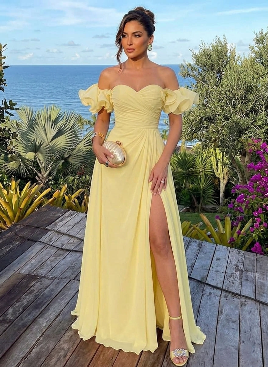 A-Line/Princess Off-the-Shoulder Chiffon Evening Dresses with Split Side Floor-Length Puff Sleeves Party Dresses Ruched