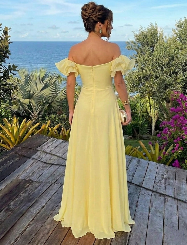 A-Line/Princess Off-the-Shoulder Chiffon Evening Dresses with Split Side Floor-Length Puff Sleeves Party Dresses Ruched