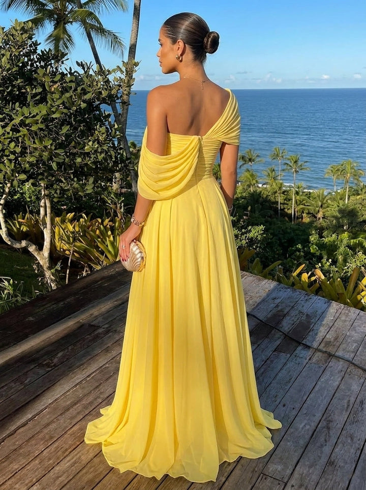 A-Line/Princess One-Shoulder Chiffon Evening Dresses with Split Side Floor-Length Sleeveless Party Dresses Ruched