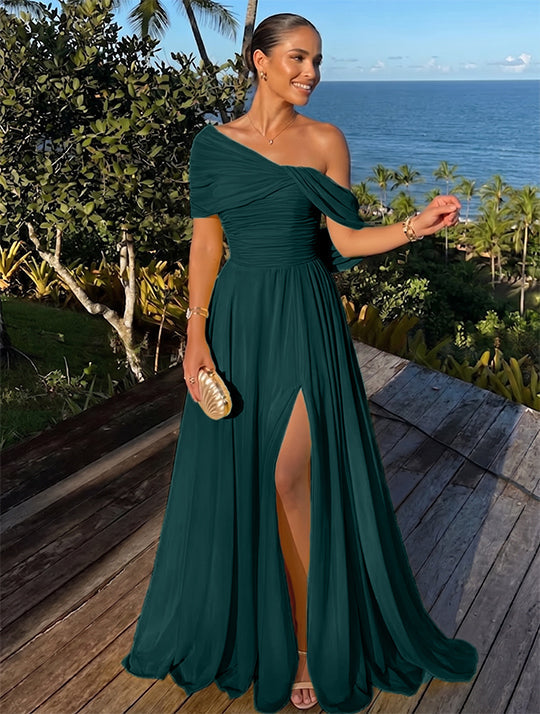 A-Line/Princess One-Shoulder Chiffon Evening Dresses with Split Side Floor-Length Sleeveless Party Dresses Ruched