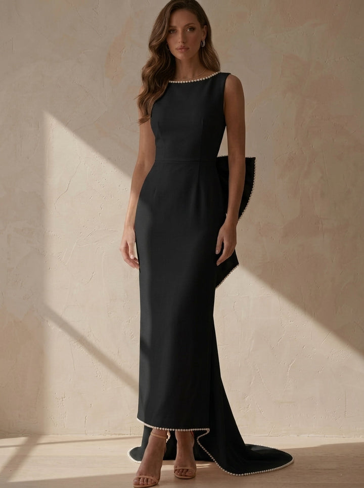 Sheath/Column Scoop Stretch Satin Cocktail Dresses Ankle-Length Sleeveless Little White Dresses Bowknot Formal Dress