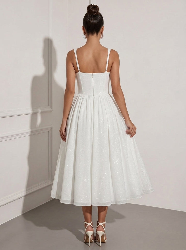 A-Line/Princess Square Collar Sparkle Mesh Cocktail Dresses Tea-Length Sleeveless Little White Dresses Formal Dresses
