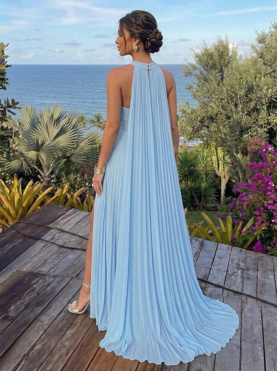 A-Line/Princess Halter Chiffon Evening Dresses with Split Side Floor-Length Sleeveless Ruched Party Dresses