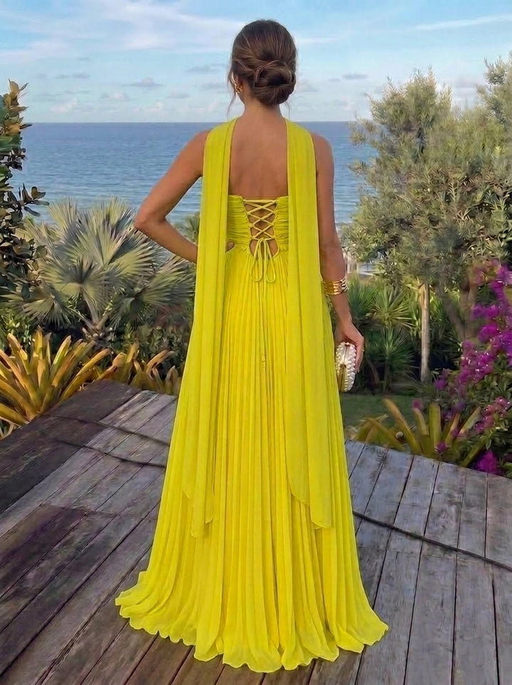 A-Line/Princess Strapless Chiffon Evening Dresses with Split Side Floor-Length Scarf Sleeveless Pleated Party Dresses
