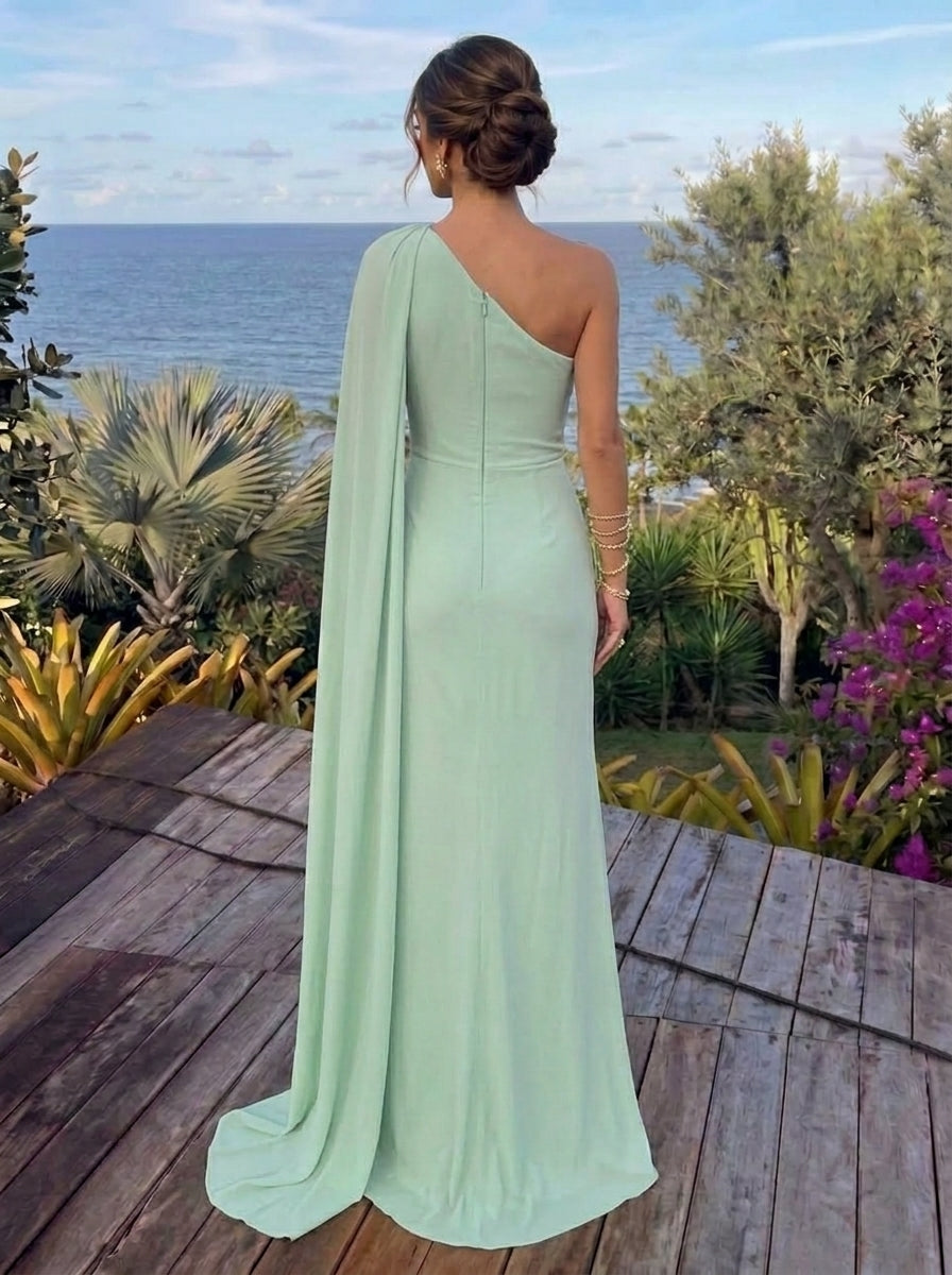 Sheath/Column Chiffon One-Shoulder Evening Dresses Floor-Length Cape Sleeves Ruched Party Dresses