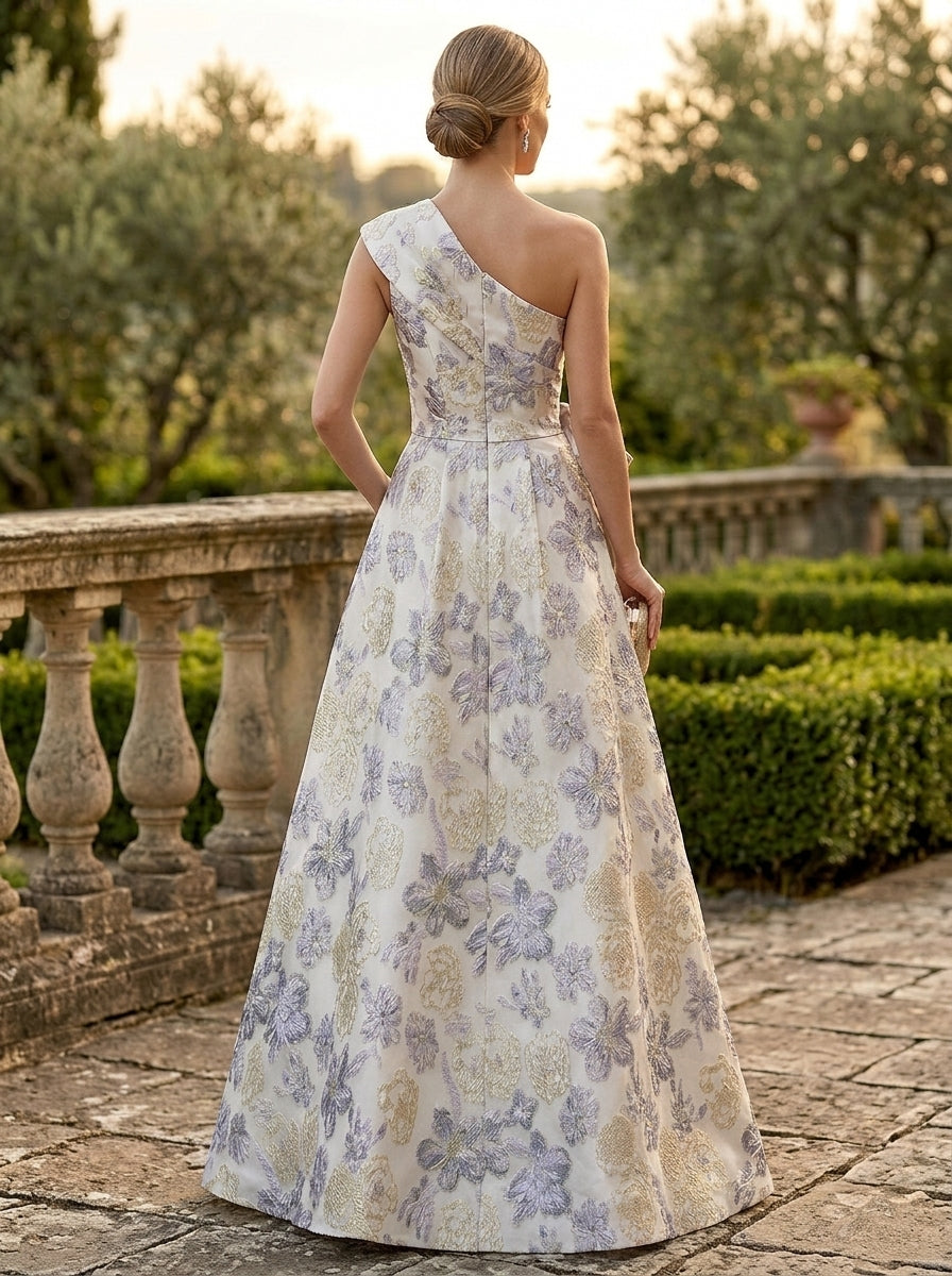 A-Line/Princess One-Shoulder Jacquard Evening Dresses with Split Side Floral Bowknot Sleeveless Floor-Length Party Dresses