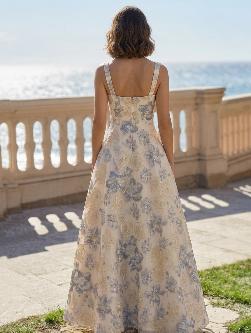A-Line/Princess Square Collar Jacquard Evening Dresses Floral Sleeveless Floor-Length Party Dresses