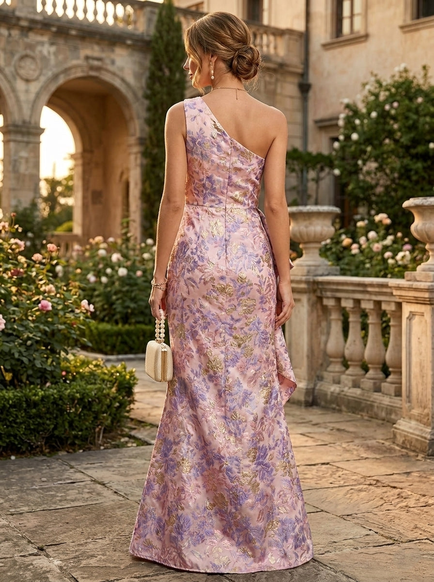 Sheath/Column One-Shoulder Jacquard Formal Dresses Floor-Length Evening Dresses Ruffles Floral Sleeveless