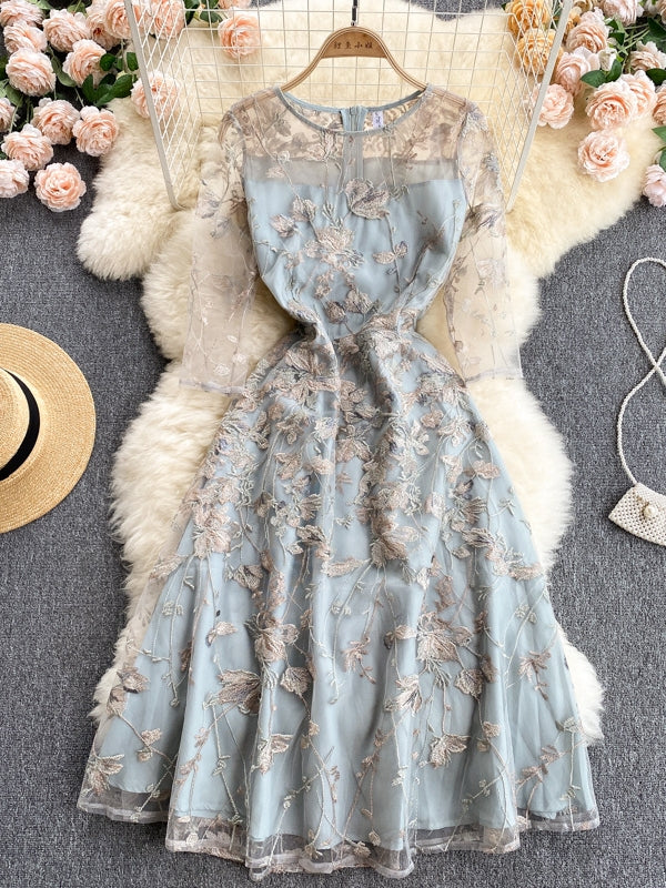 A-Line/Princess Scoop Wedding Guest Dresses Tea-Length Half Sleeves Tulle Floral