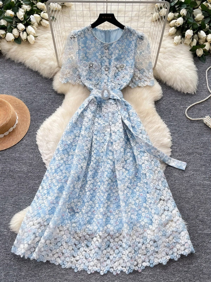A-Line/Princess Scoop Wedding Guest Dresses Tea-Length Short Sleeves Lace Floral With Belt