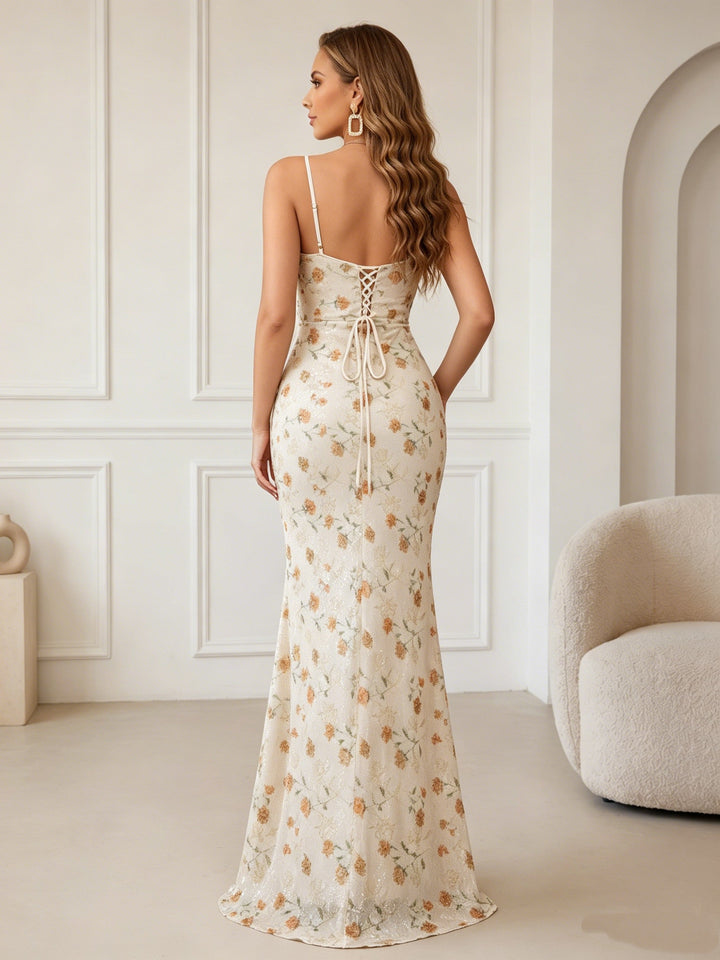 Sheath/Column V-Neck Floral Sequins Wedding Guest Dresses Floor-Length Sleeveless Split Side