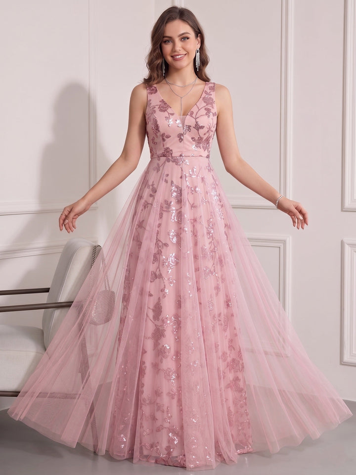 A-Line/Princess V-Neck Tulle Wedding Guest Dresses Floor-Length Sleeveless Embroidery
