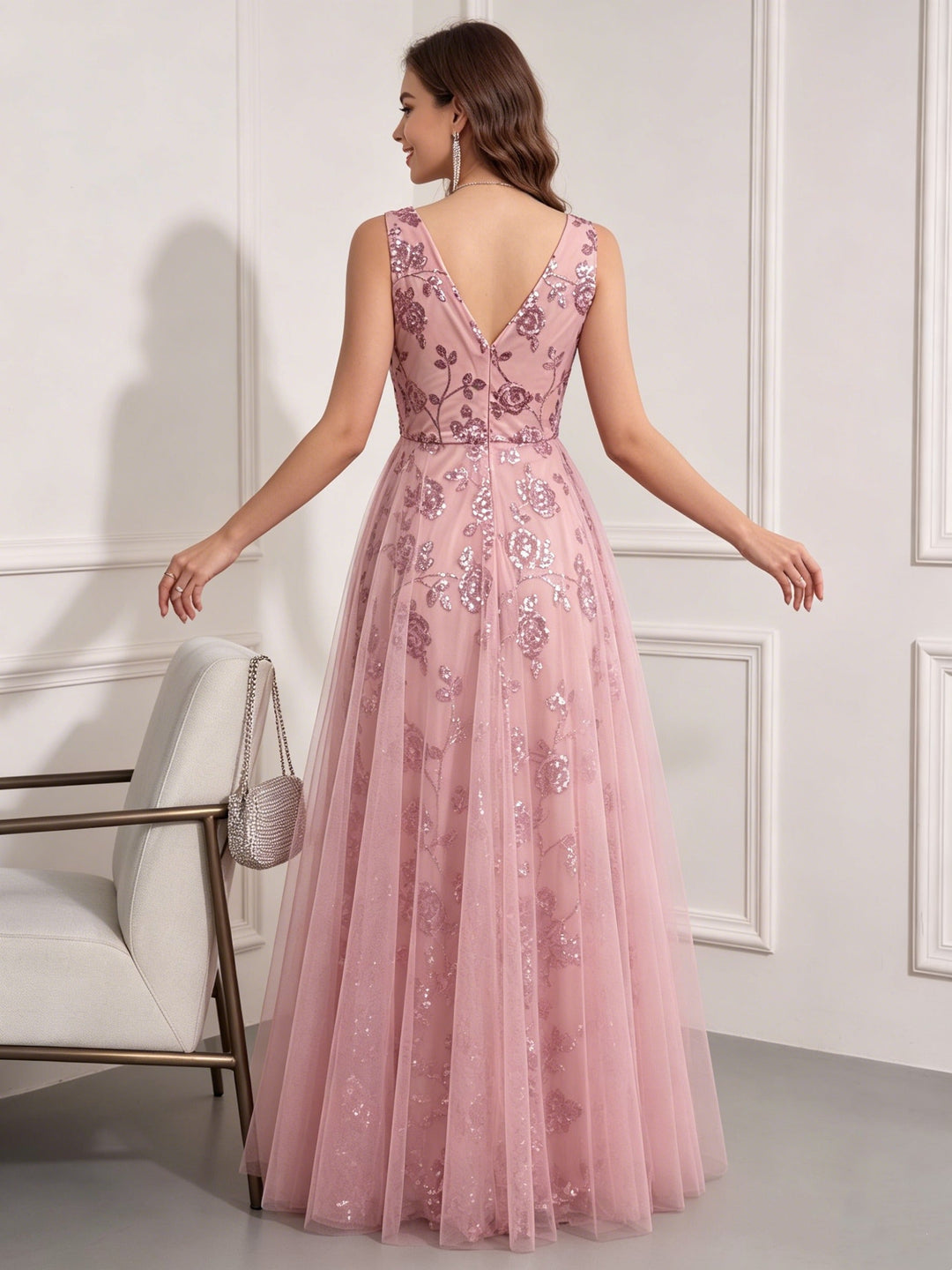 A-Line/Princess V-Neck Tulle Wedding Guest Dresses Floor-Length Sleeveless Embroidery