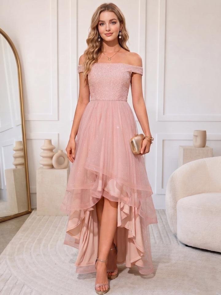 A-Line/Princess Off-the-Shoulder Tulle Sequins Wedding Guest Dresses Ankle-Length Sleeveless
