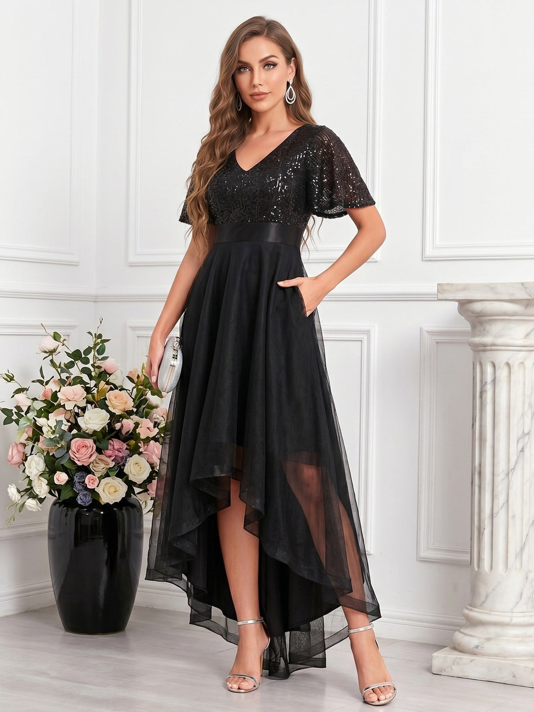 A-Line/Princess V-Neck Tulle Wedding Guest Dresses Asymmetrical Floor-Length Short Sleeves Sequins