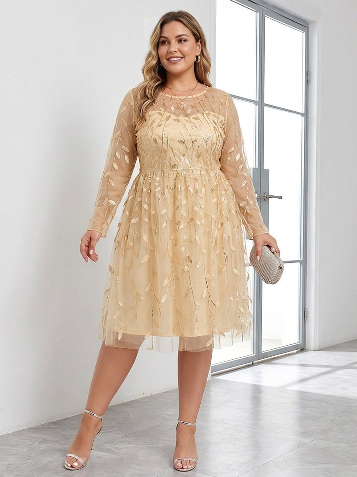 A-Line/Princess Scoop Tulle Sequins Wedding Guest Dresses Plus Size Knee-Length Long Sleeves