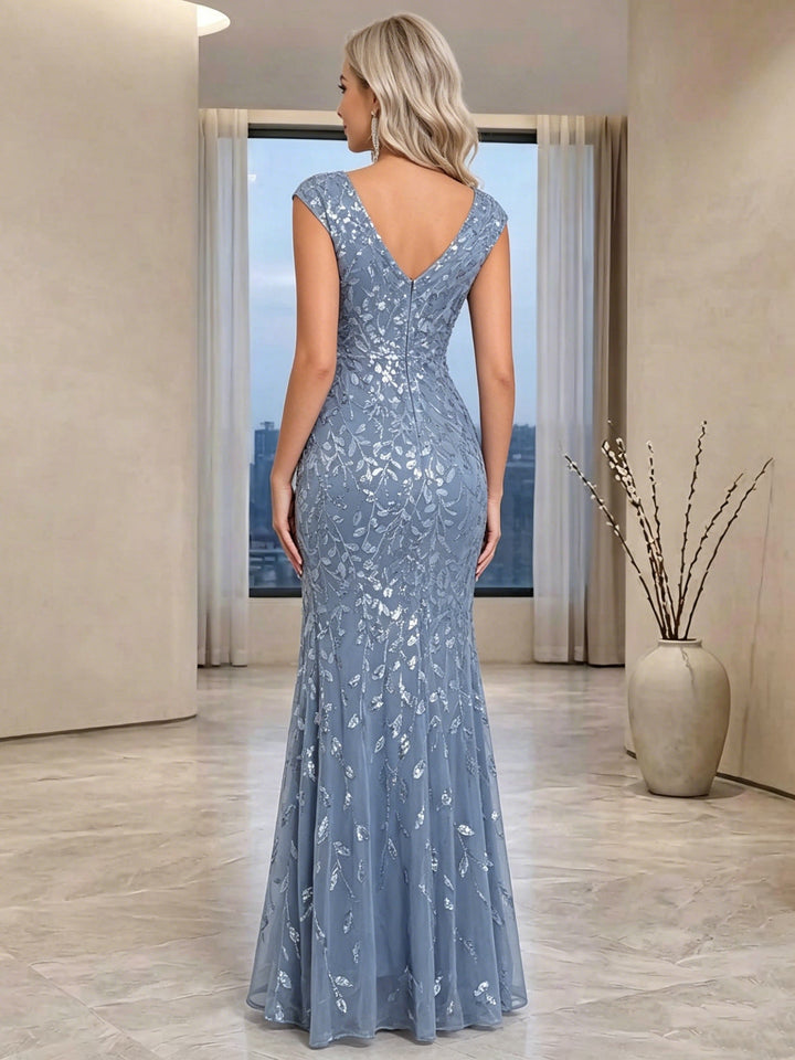Trumpet/Mermaid V-Neck Wedding Guest Dresses Floor-Length Short Sleeves Sequins