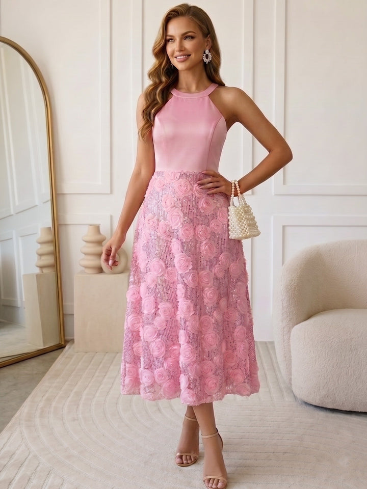 A-Line/Princess Halter Wedding Guest Dresses Tea-Length Sleeveless Sequins Floral