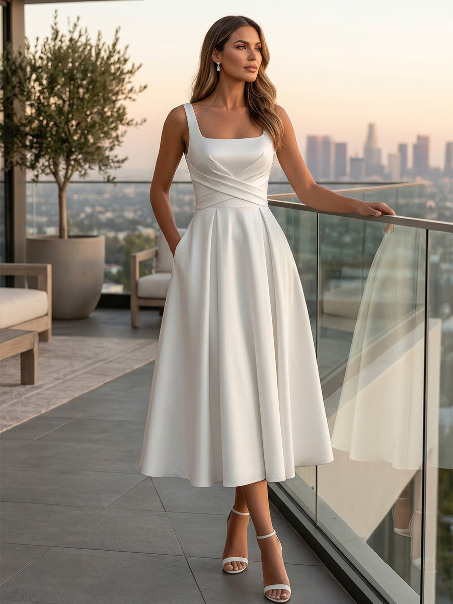 A-Line/Princess Square Collar Satin Cocktail Dresses Sleeveless Little White Dresses Tea-Length Ruched Party Dresses
