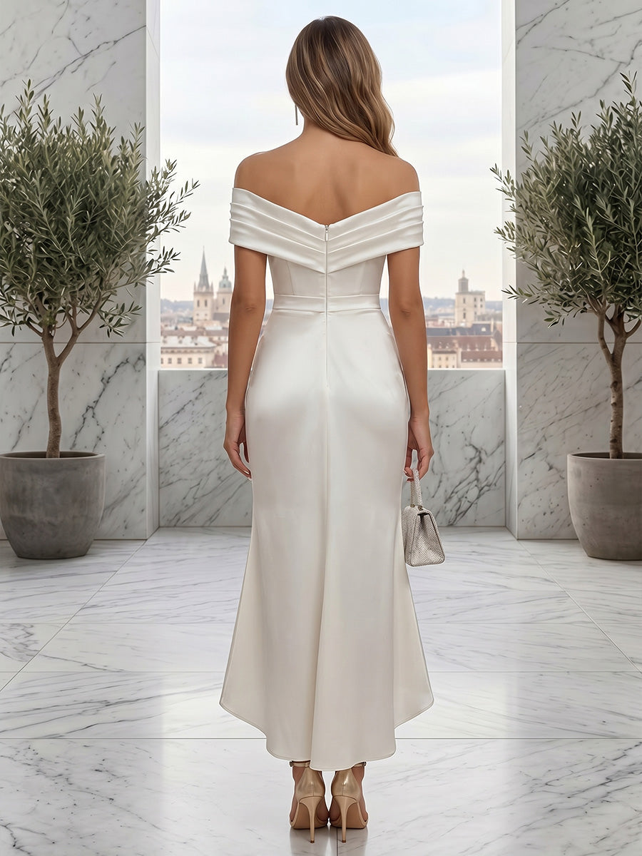 Sheath/Column Off-the-Shoulder Cocktail Dresses Ruched Asymmetrical Tea-Length Sleeveless Little White Dresses Party Dresses