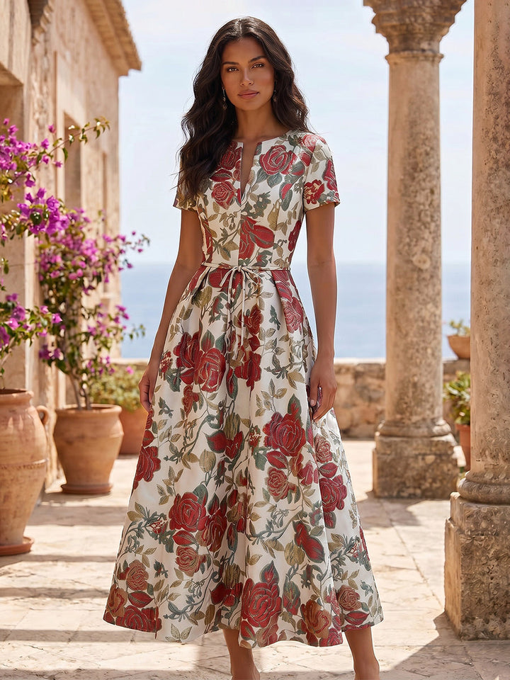 A-Line/Princess V-Neck Jacquard Cocktail Dresses Tea-Length Floral Short Sleeves Party Dresses