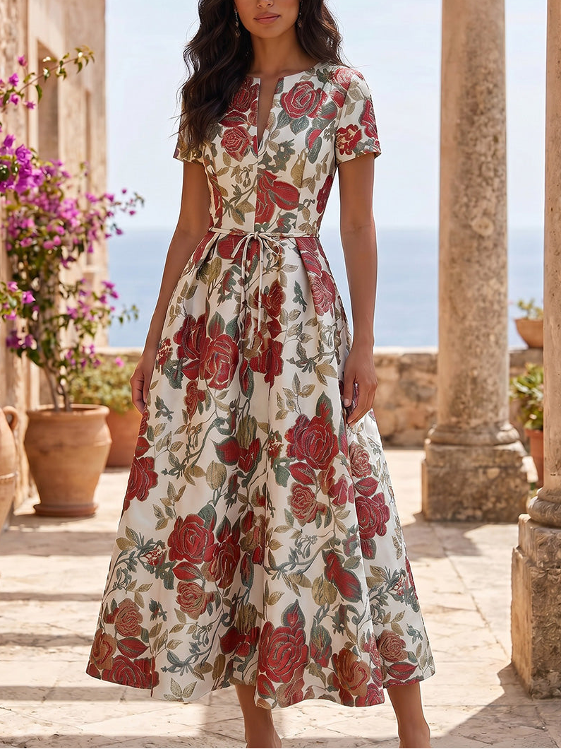 A-Line/Princess V-Neck Jacquard Cocktail Dresses Tea-Length Floral Short Sleeves Party Dresses