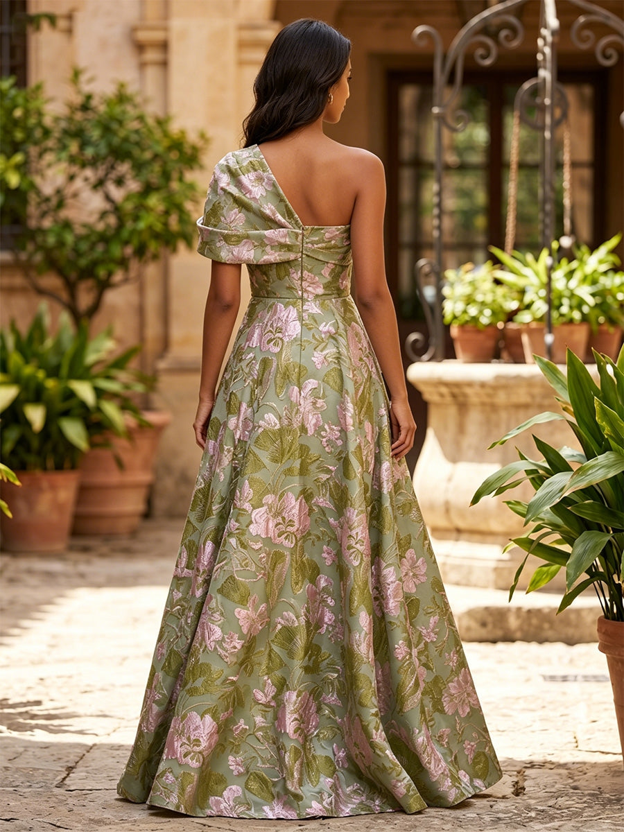 A-Line/Princess One-Shoulder Jacquard Formal Dresses Floor-Length Evening Dresses Floral Sleeveless