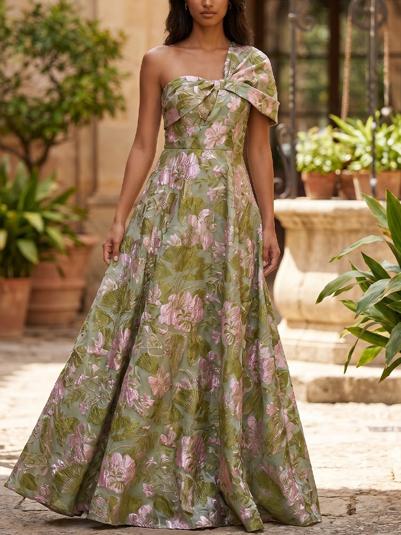 A-Line/Princess One-Shoulder Jacquard Formal Dresses Floor-Length Evening Dresses Floral Sleeveless