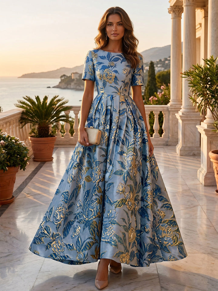 A-Line/Princess Scoop Jacquard Formal Dresses Ankle-Length Evening Dresses Floral Short Sleeves