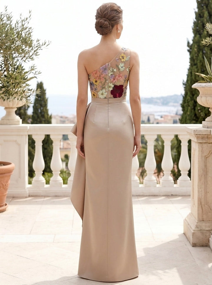 Sheath/Column One-Shoulder Satin Formal Dresses with Split Side Evening Dresses Floral Floor-Length Ruffles