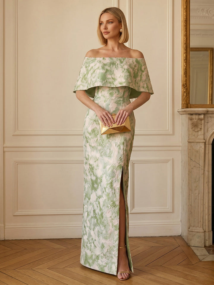 Sheath/Column Off-the-Shoulder Jacquard Formal Dresses with Split Side Floor-Length Evening Dresses Cape Sleeves