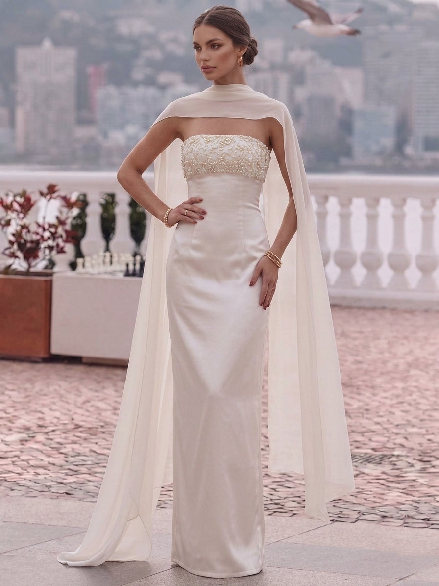 Sheath/Column Strapless Silk Satin Evening Dresses with Scarf Sleeveless Beading Floor-Length Formal Dresses