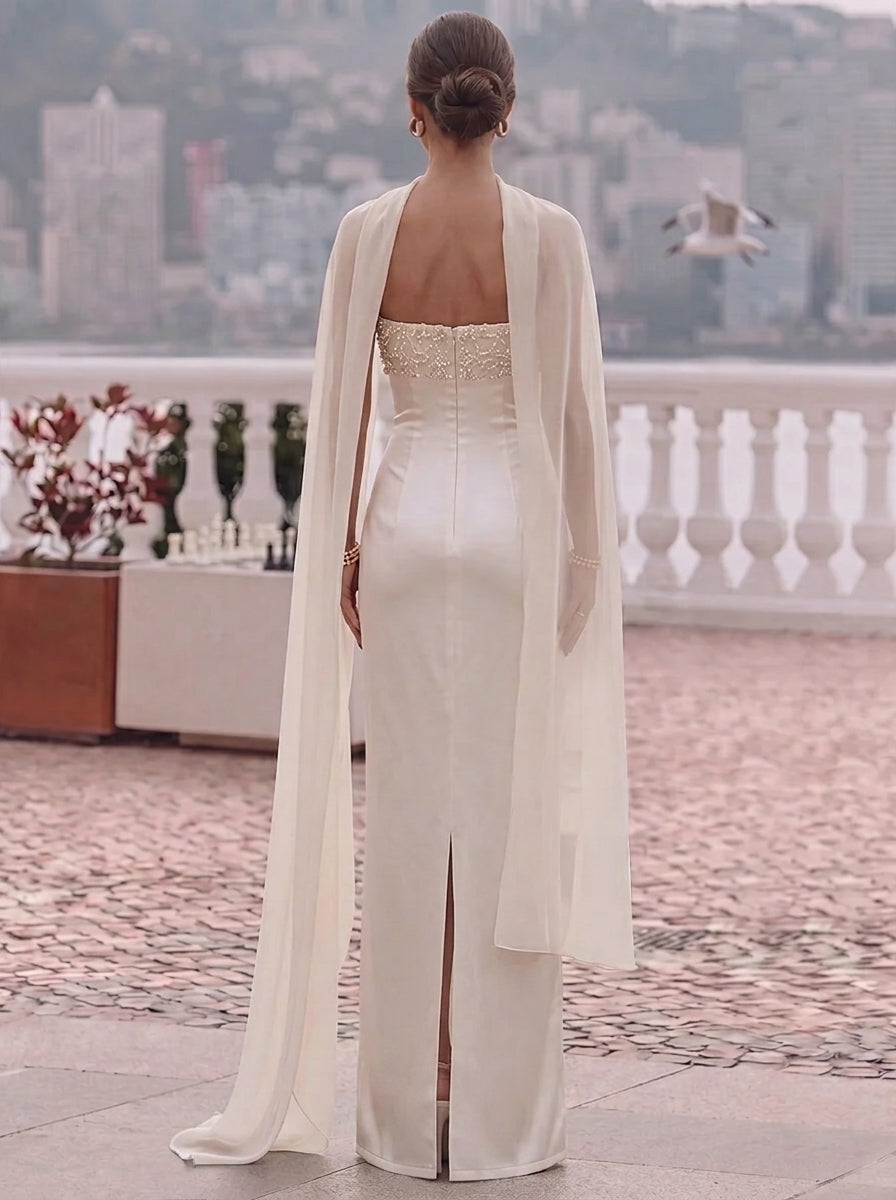 Sheath/Column Strapless Silk Satin Evening Dresses with Scarf Sleeveless Beading Floor-Length Formal Dresses