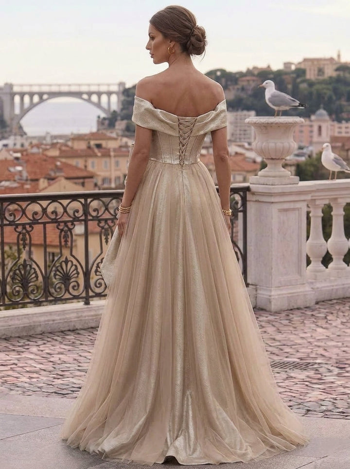 A-Line/Princess Off-the-Shoulder Evening Dresses with Split Slit & Bow Sleeveless Floor-length Formal Dresses
