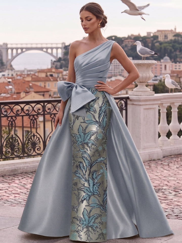 A-Line/Princess One-Shoulder Satin Evening Dresses with Overskirt Floor-Length Formal Dresses Floral Sleeveless Bowknot