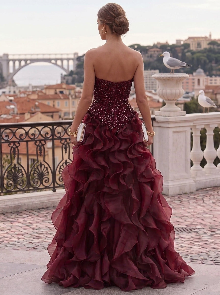 A-Line/Princess Strapless Sequins Evening Dresses Floor-Length Organza Formal Dresses Sleeveless