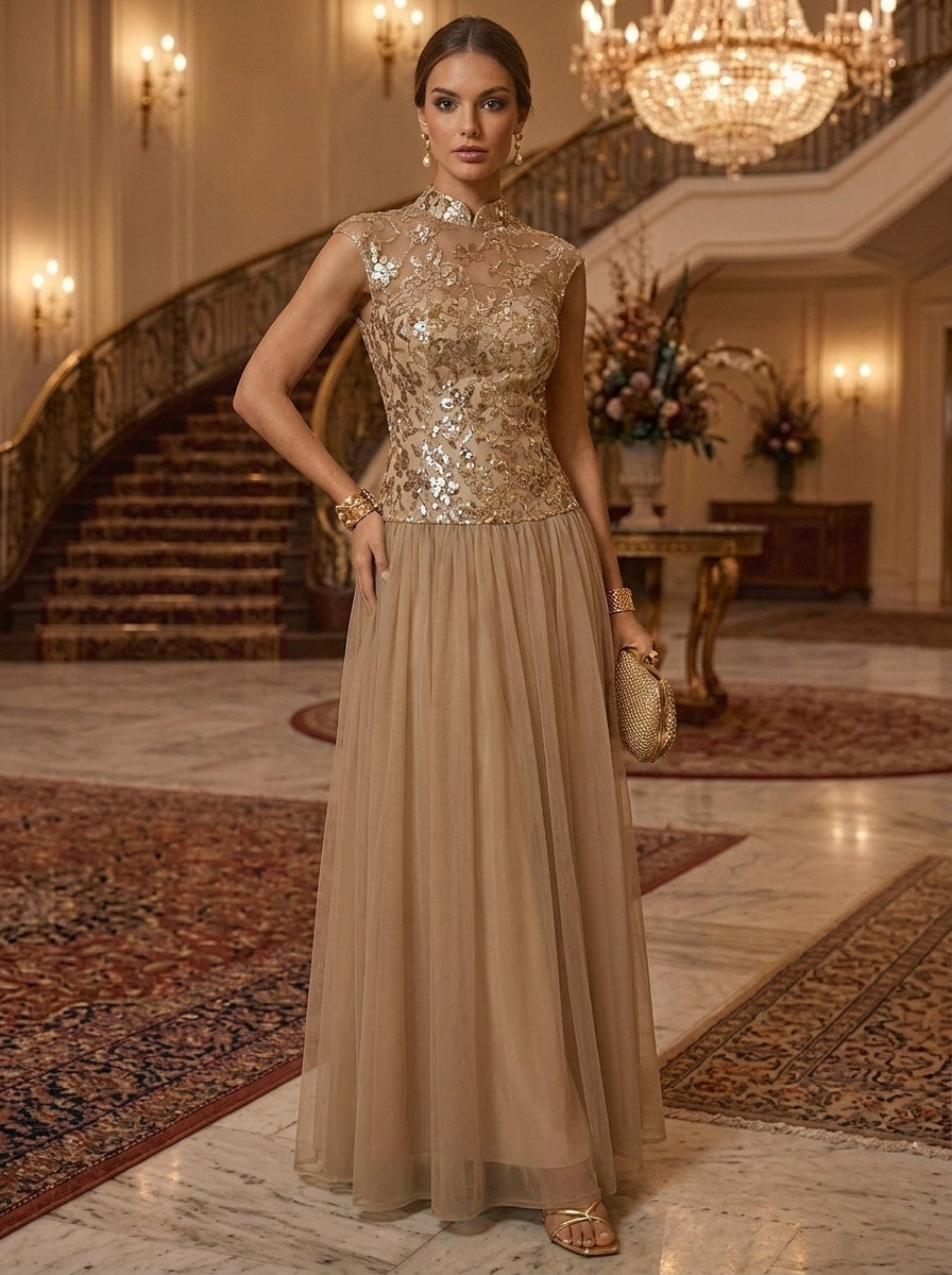 A-Line/Princess Mock Neck Evening Dresses Tulle Floor-Length Sequins Sleeveless Formal Dresses