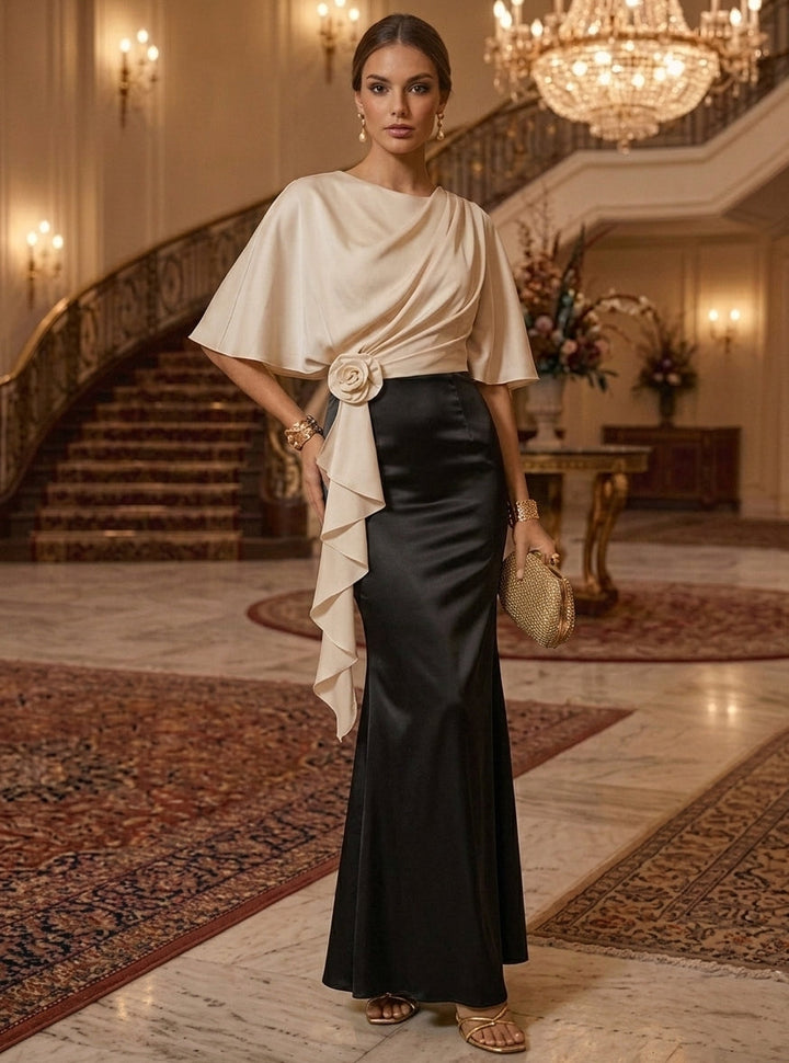 Sheath/Column Scoop Silk Satin Evening Dresses with 3D Flower Cape Sleeves Ankle-Length Formal Dresses