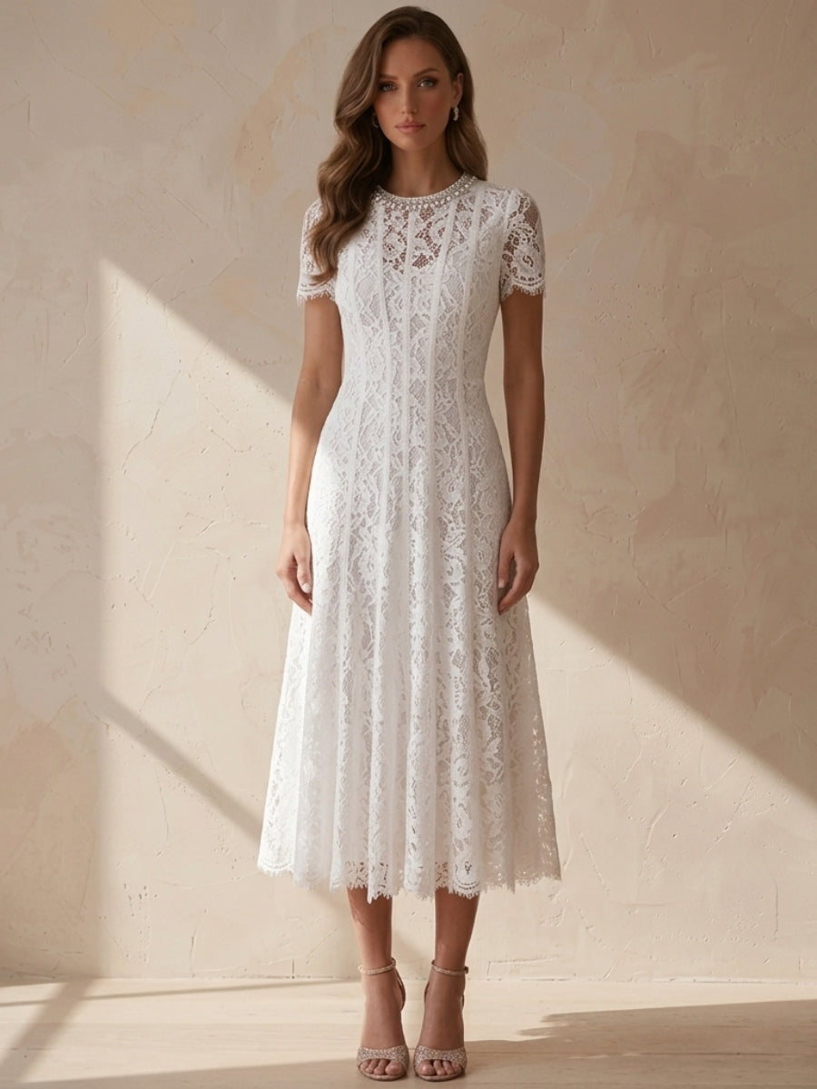 A-Line/Princess Scoop Lace Cocktail Dresses Tea-Length Little White Dresses Beading Short Sleeves Party Dresses