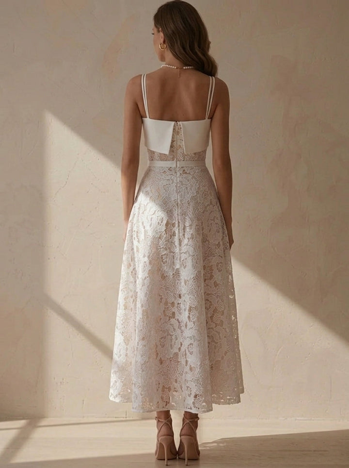 A-Line/Princess Spaghetti Straps Lace Cocktail Dresses Tea-Length Little White Dresses Sleeveless Party Dresses