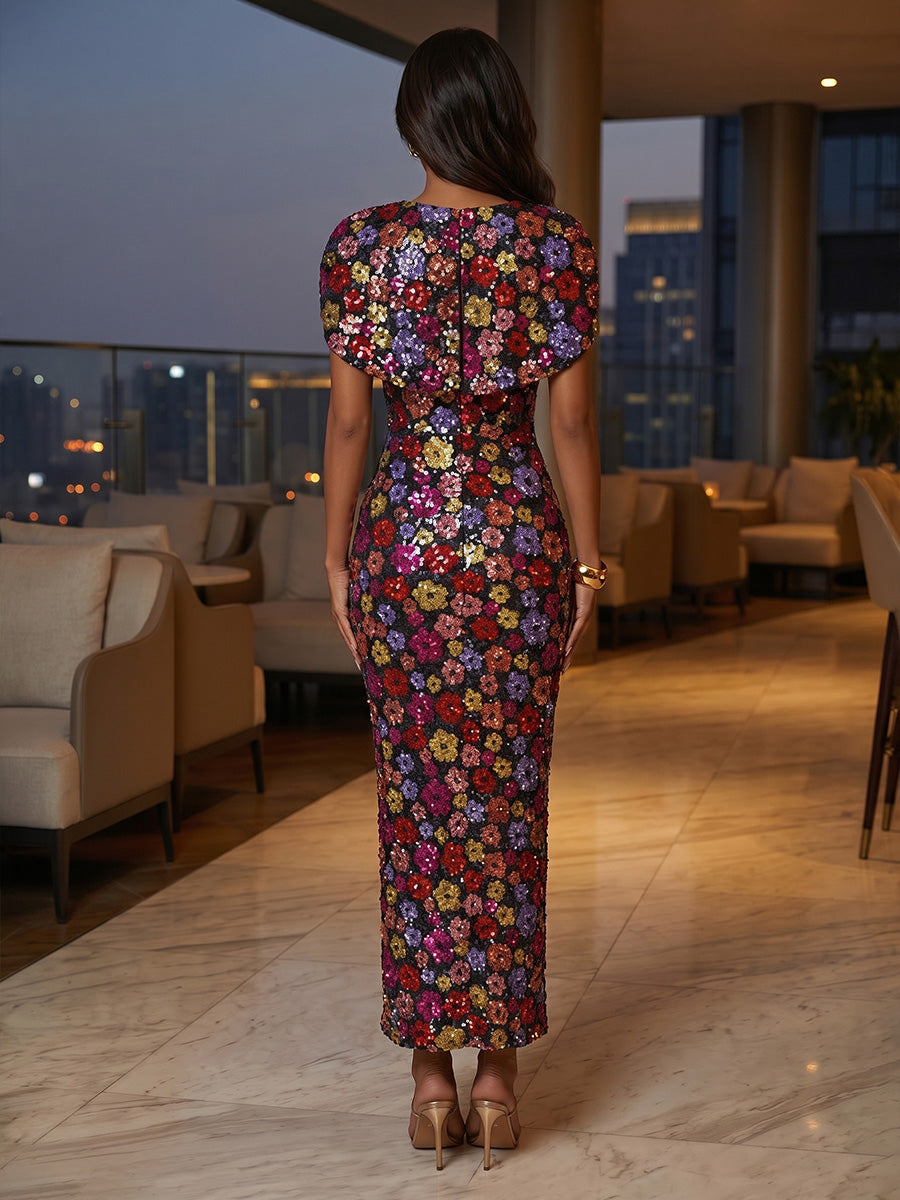 Sheath/Column Square Collar Cocktail Dresses Sequins Ankle-Length Cape Sleeves Floral Party Dresses