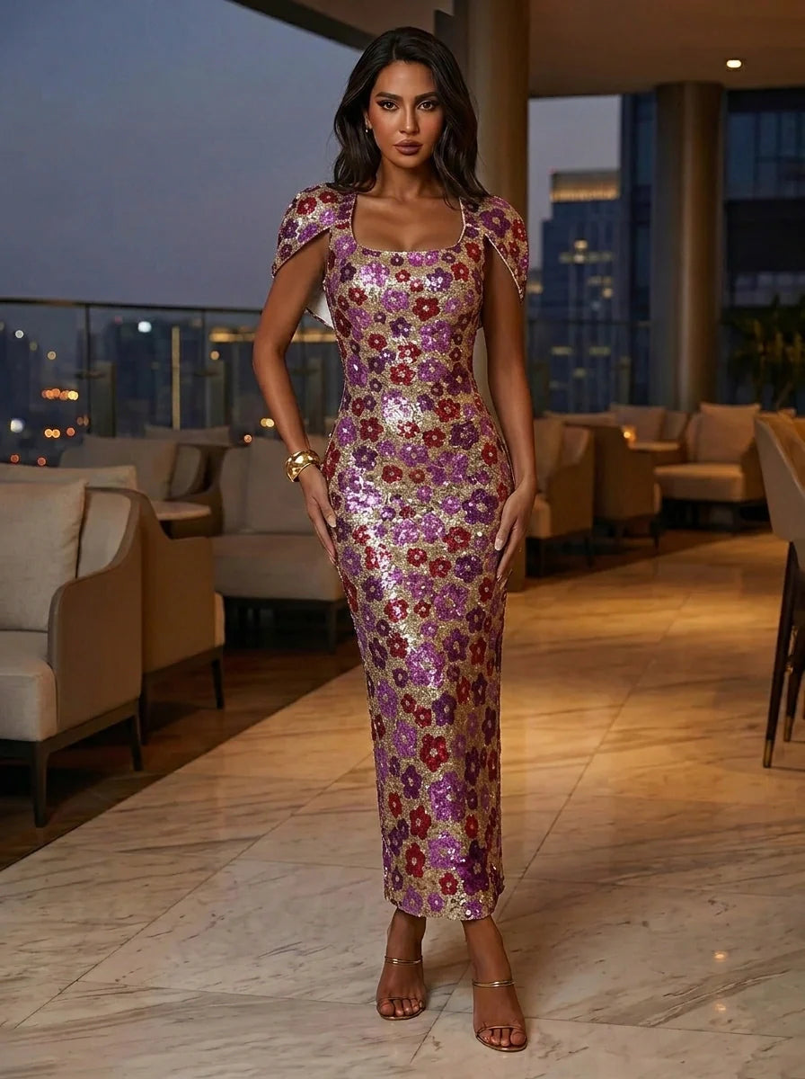 Sheath/Column Square Collar Cocktail Dresses Sequins Ankle-Length Cape Sleeves Floral Party Dresses